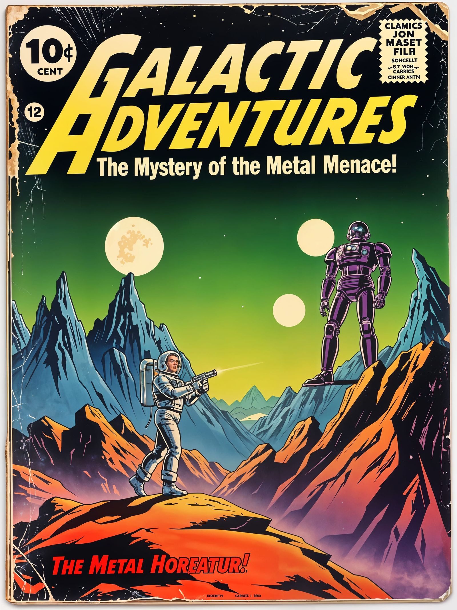 Vintage Sci-Fi Comic Book Cover: Fearless Astronaut Confront...