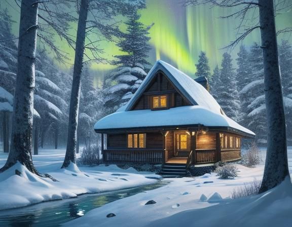 Beautiful scenery of a cottage Northern light forest lake snowy