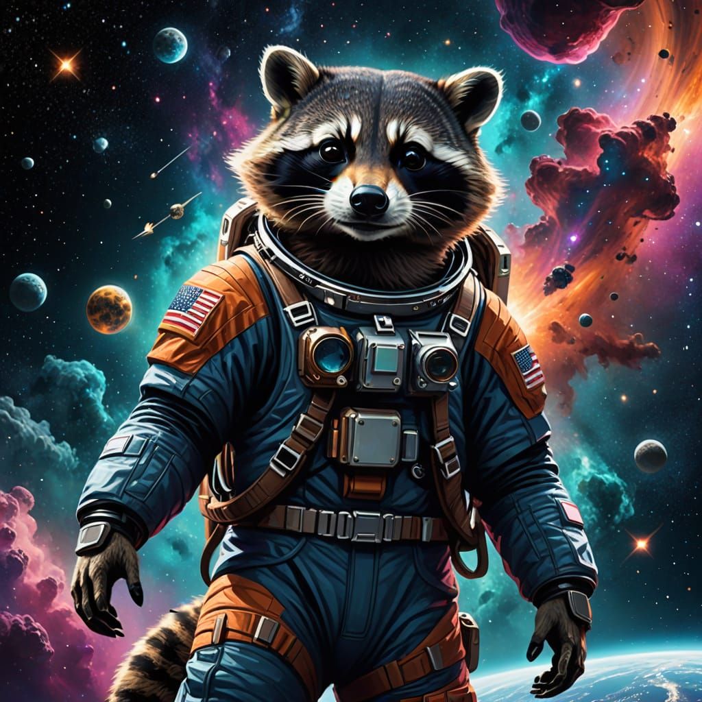 Fantasy Raccoon Astronaut in Stellar Environment