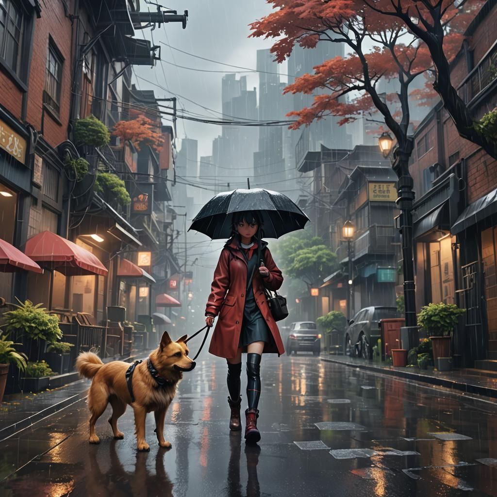 Anime Girl Walking Dog on Rainy Day