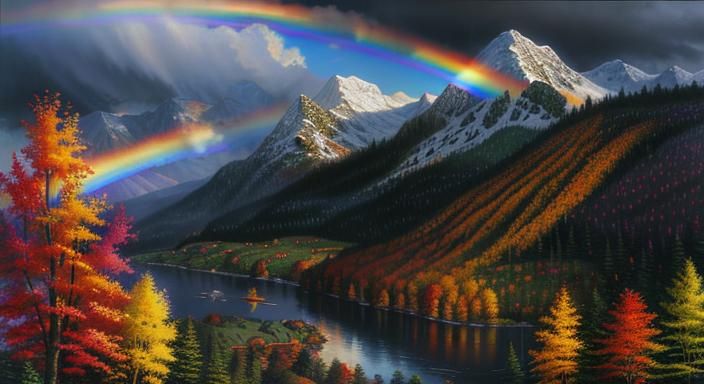 Autumn Rainbow Over Mountains in Luminist Style