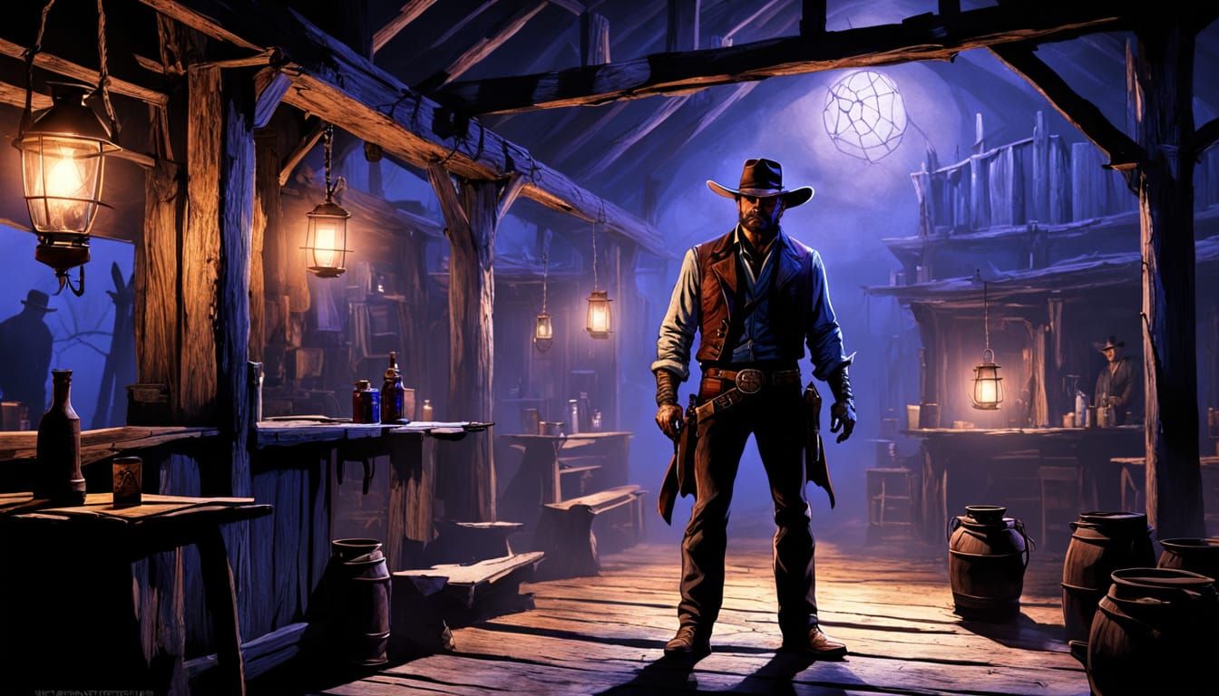 Dark Fantasy Cowboy in Abandoned Saloon