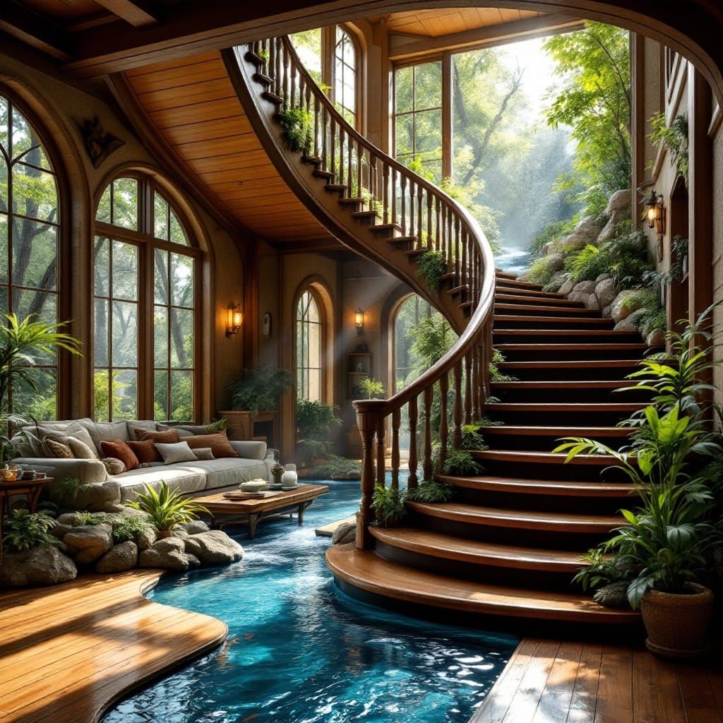 Wooden Staircase Room with River and Trees in Natural Light