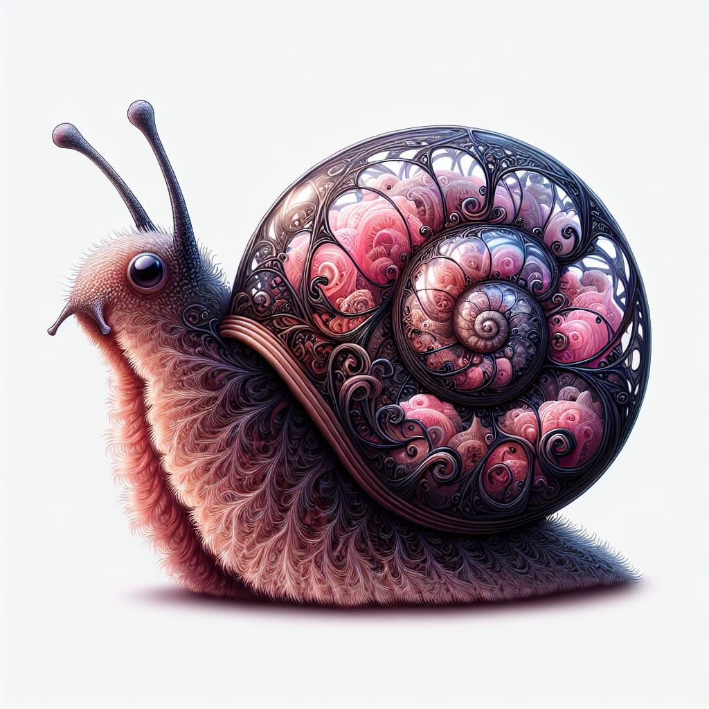 a surreal portrait of a cute little fuzzy snail, the snails ...