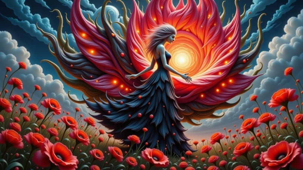 Mystical Red and Black Horse in an Enchanted Field of Poppie...