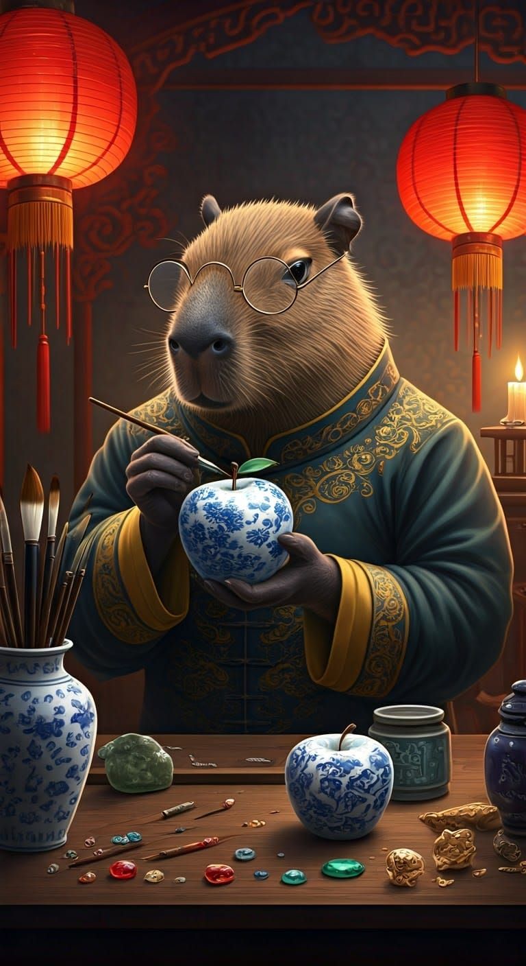 Elegant Capybara Jeweler Crafts Chinese-Style Porcelain Appl...