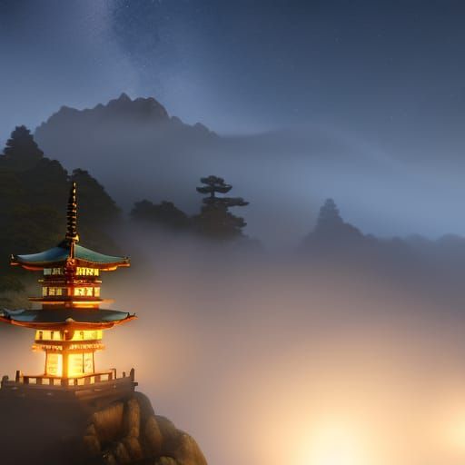 Moonlit Shinto Shrine in Misty Mountains