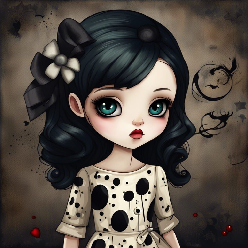 Adorable Retro Goth Chibi Girl in Abstract Style