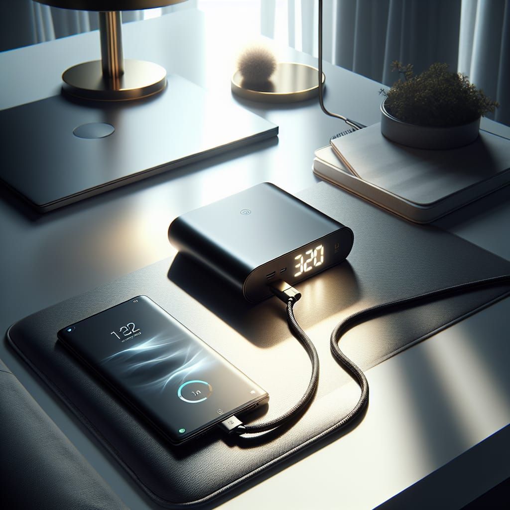 Luxury Power Bank and Smartphone on Desk: Hyperrealistic Pho...