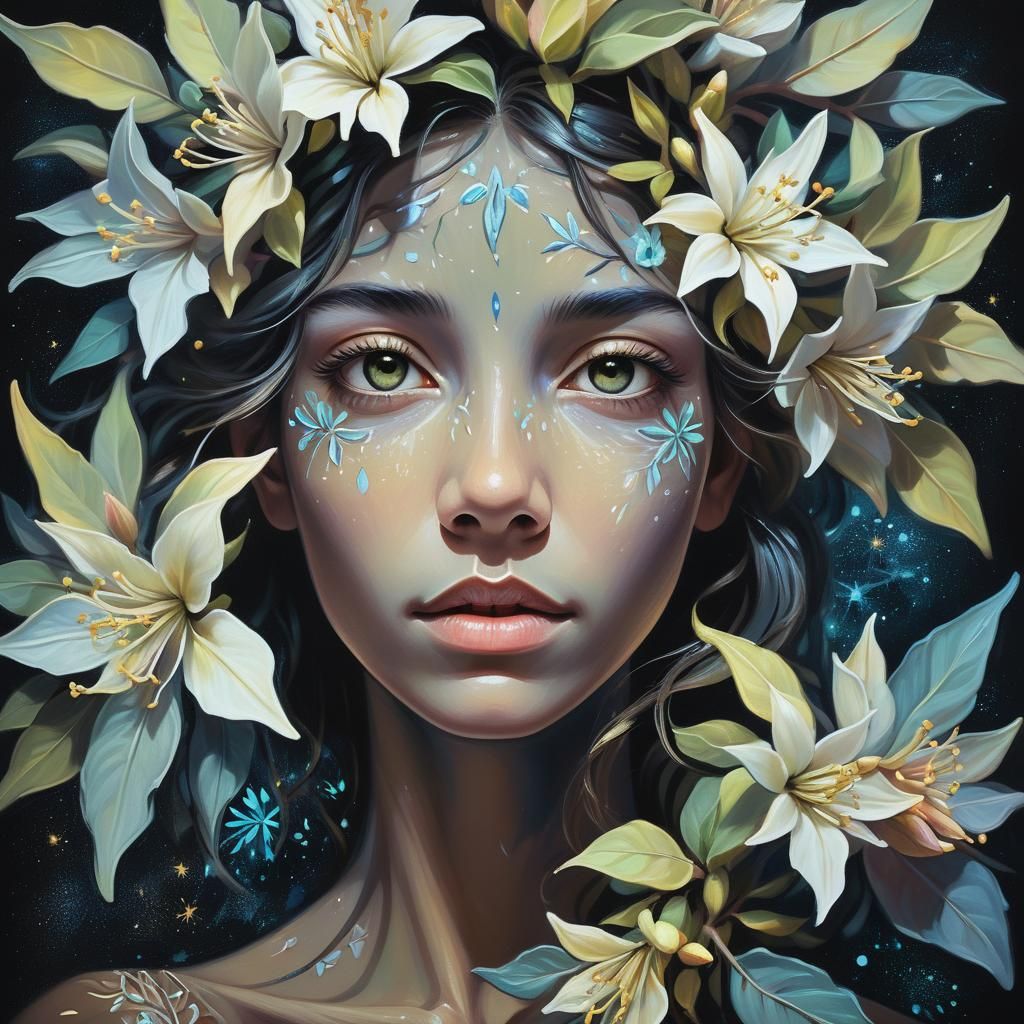 Ethereal Portrait with Night-Blooming Flowers