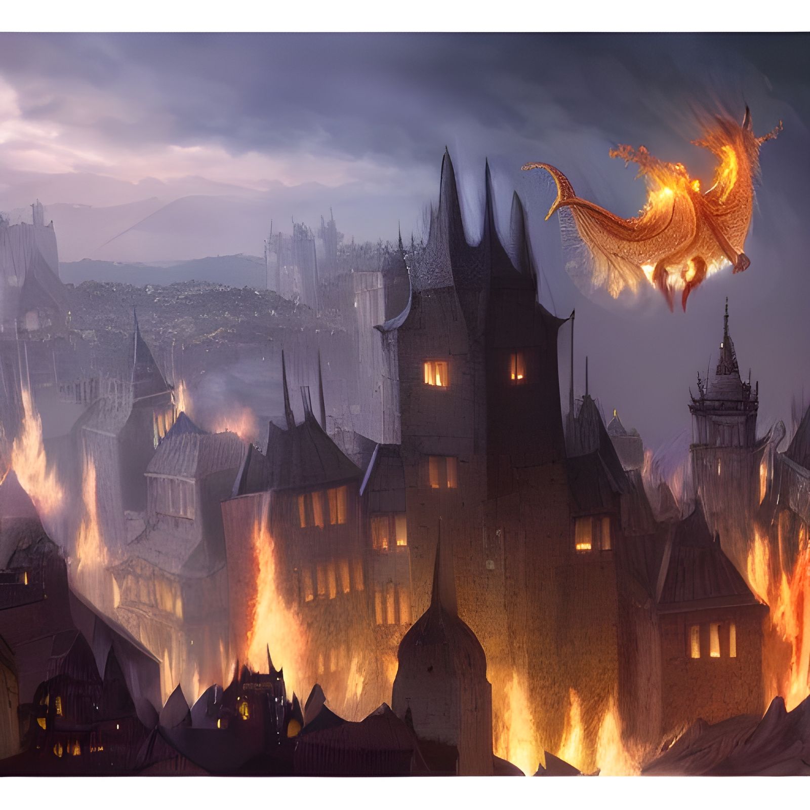 Fantasy Dragon Attacks Medieval City: Matte Painting