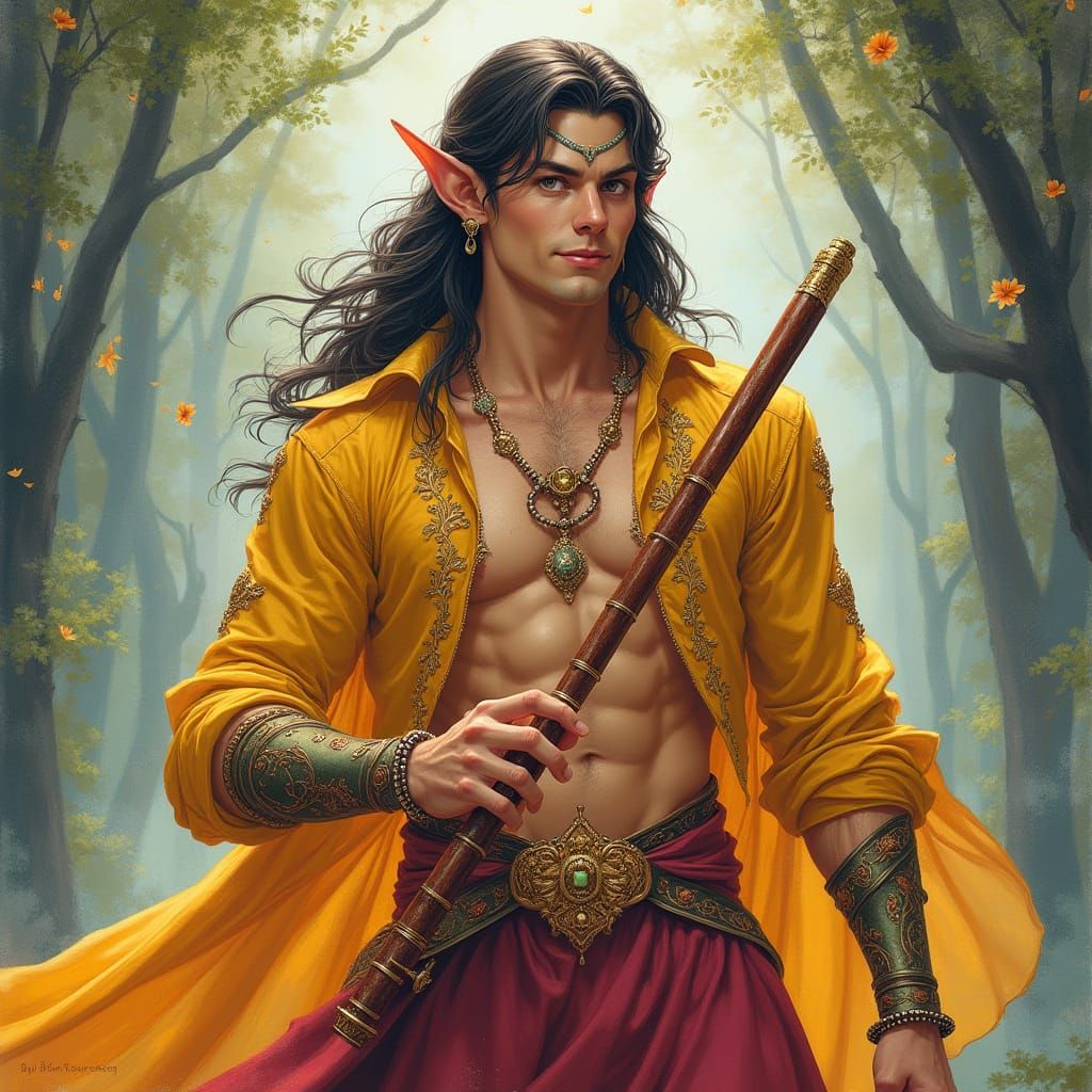 Dashing Half Elf Bard in Vibrant Attire, Pan Flute in Hand