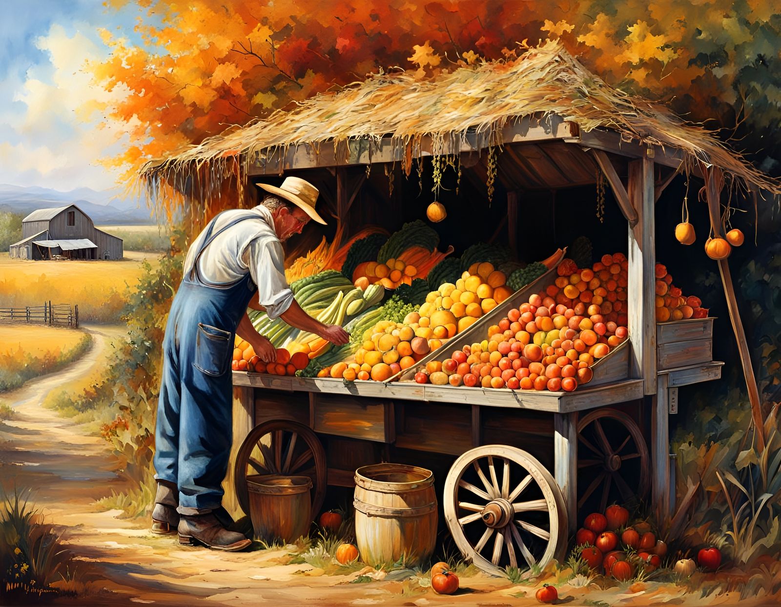 Country Farmer Selling Produce in Hyperrealistic Folk Art