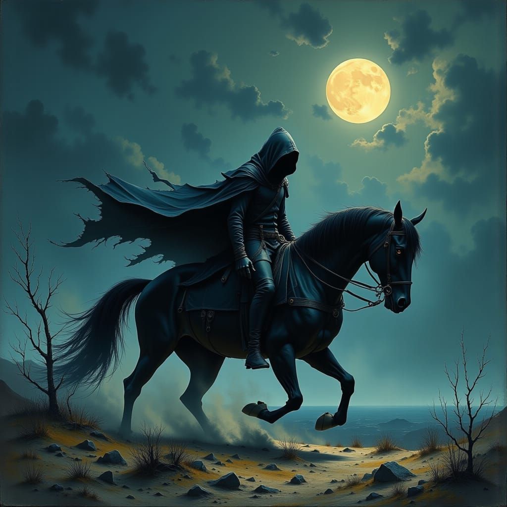 The Black Rider Gallops Through Desolate Moonlit Landscape
