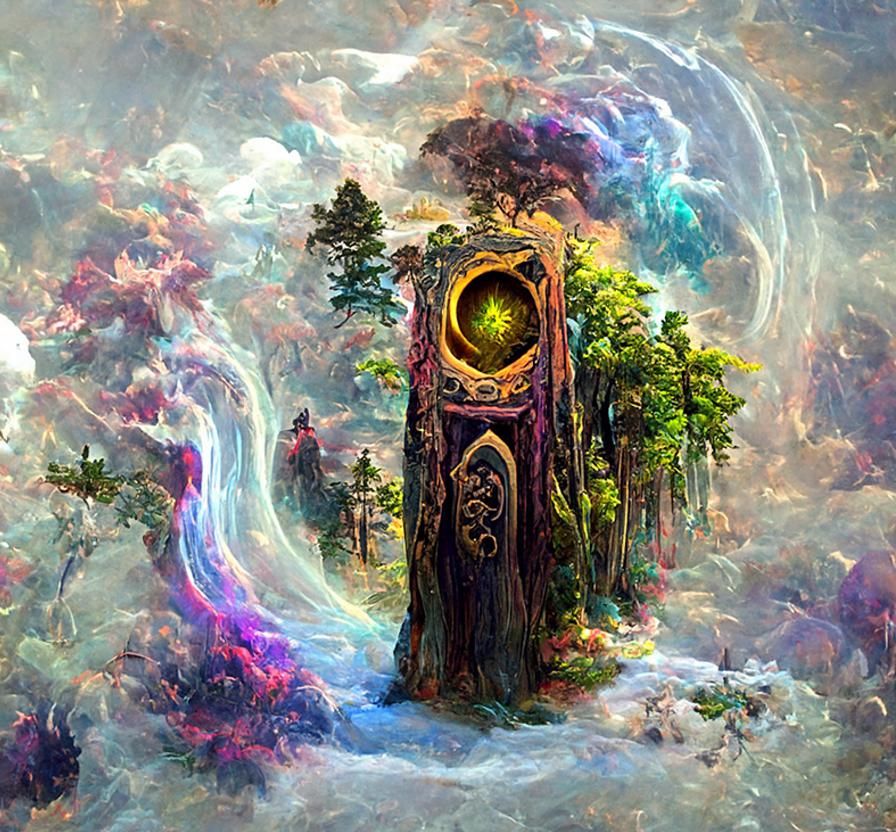 Mystical Warlock Portal in Psychedelic Woodland Landscape