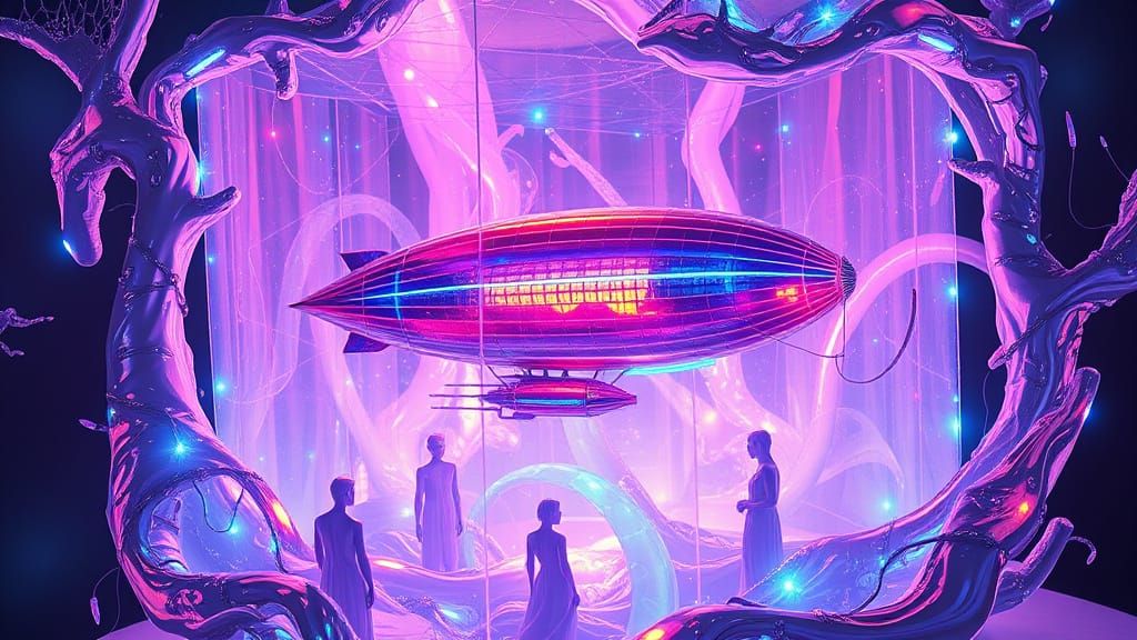 Ferrofluid Silver Airship Trapped in Iridescent Tesseract Am...