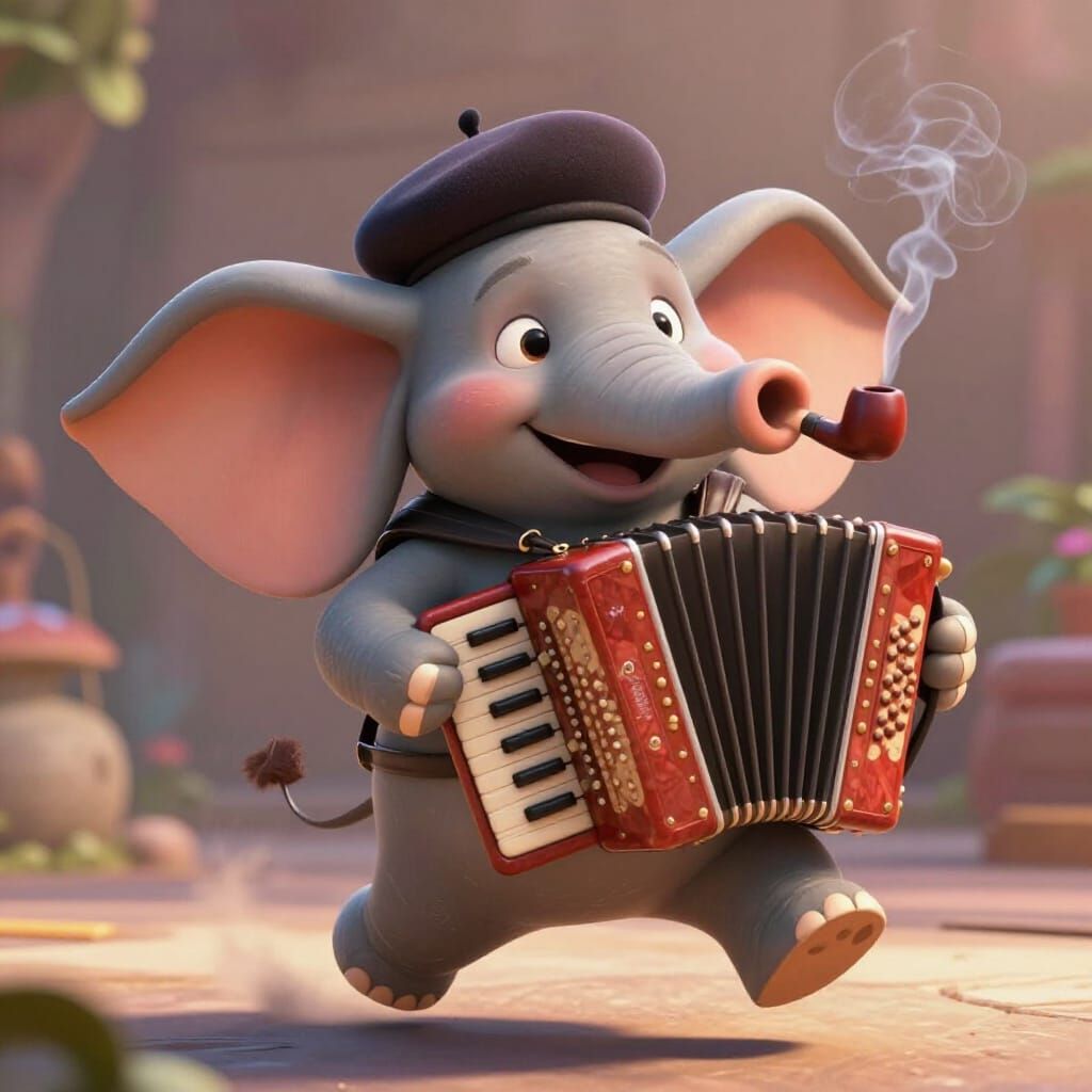 Joyful Elephant Plays Accordion in Pixar Style