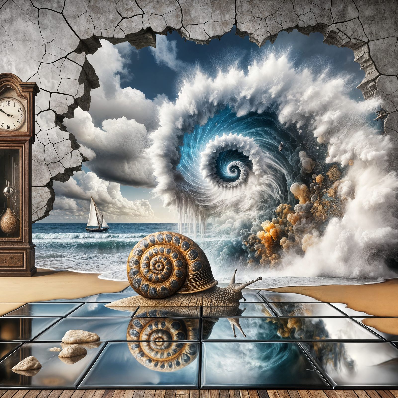 Surreal Time Melds on Beachy Fractured Flooring