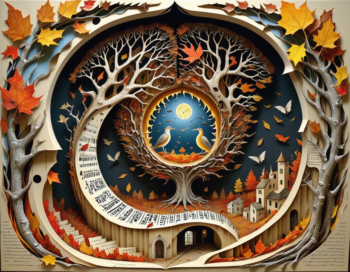 Surreal Autumn Collage with Poems and Lights