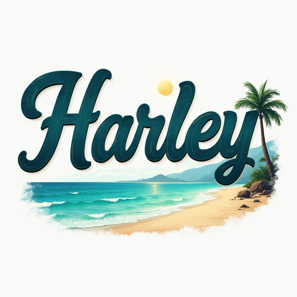 Elegant Hawaiian Beach Scene with Cursive Harley Name