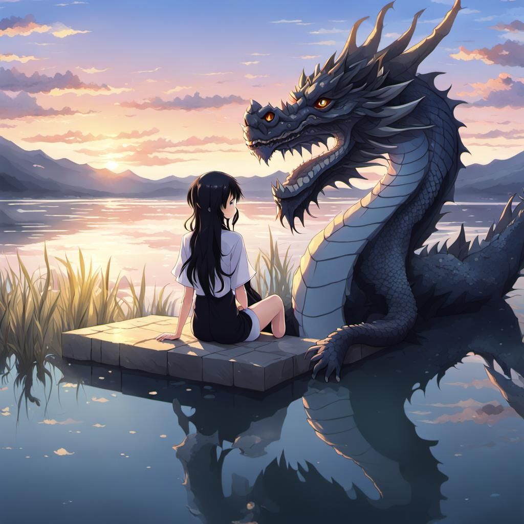 Girl and Dragon at Sunset: Anime Style