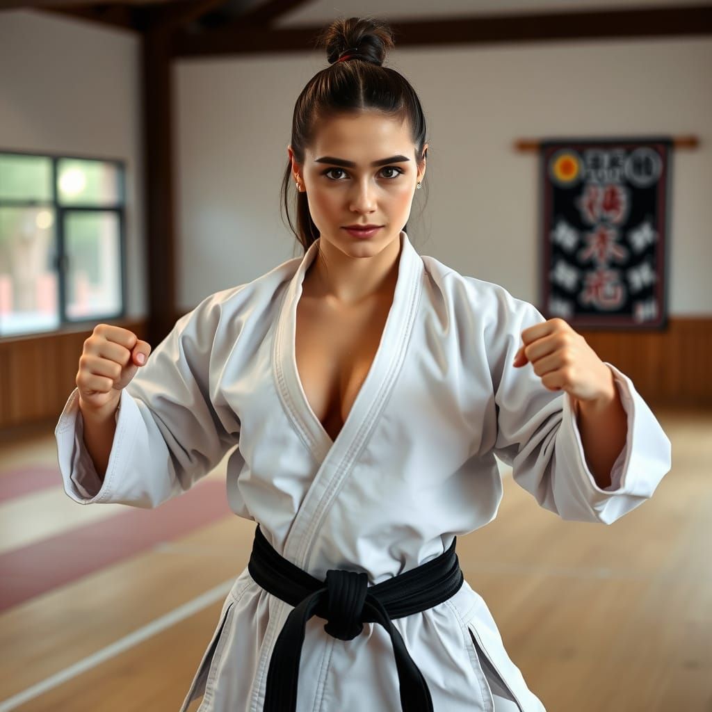Young Woman in Karate Pose at Dojo