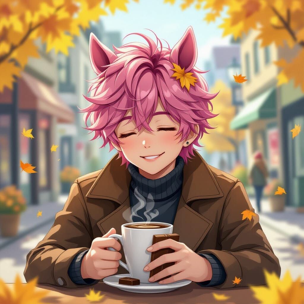 Anime Boy with Pink Hair and Horse Ears Sleeping in Autumn C...