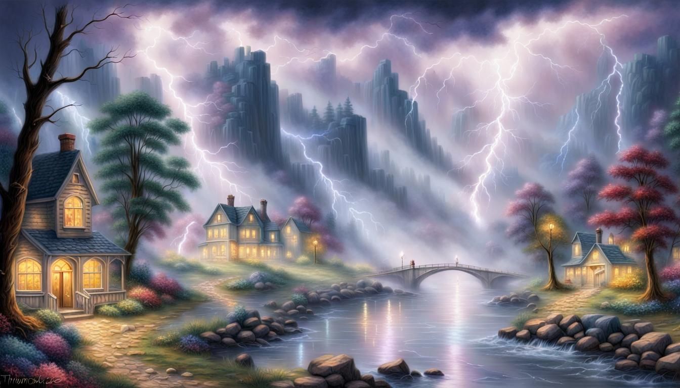 Ethereal Fox in Lightning Storm on Riverbank