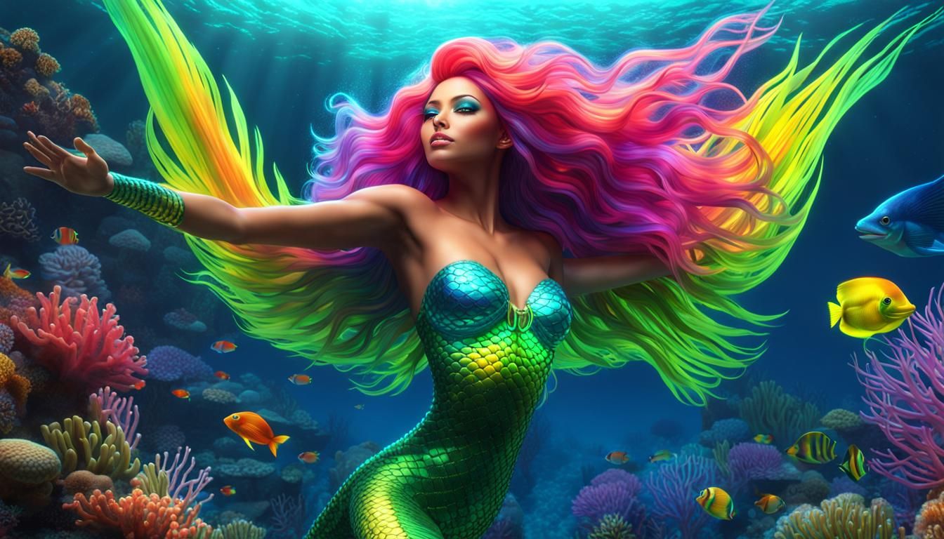 Bioluminescent Mermaid in a Glowing Coral Reef
