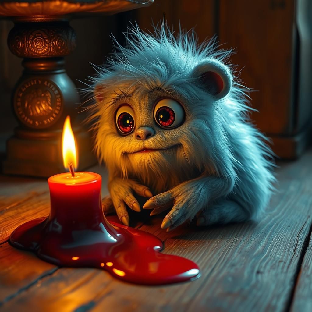 Endearing Fluffy Monster Glimpses Candlelight