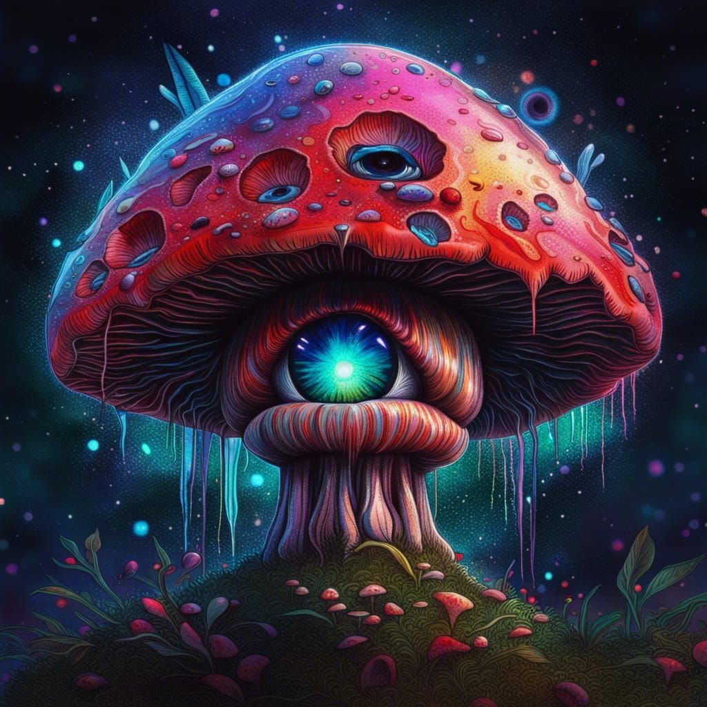 Bleeding Eyeball Mushroom in Holographic Cosmic Art Style