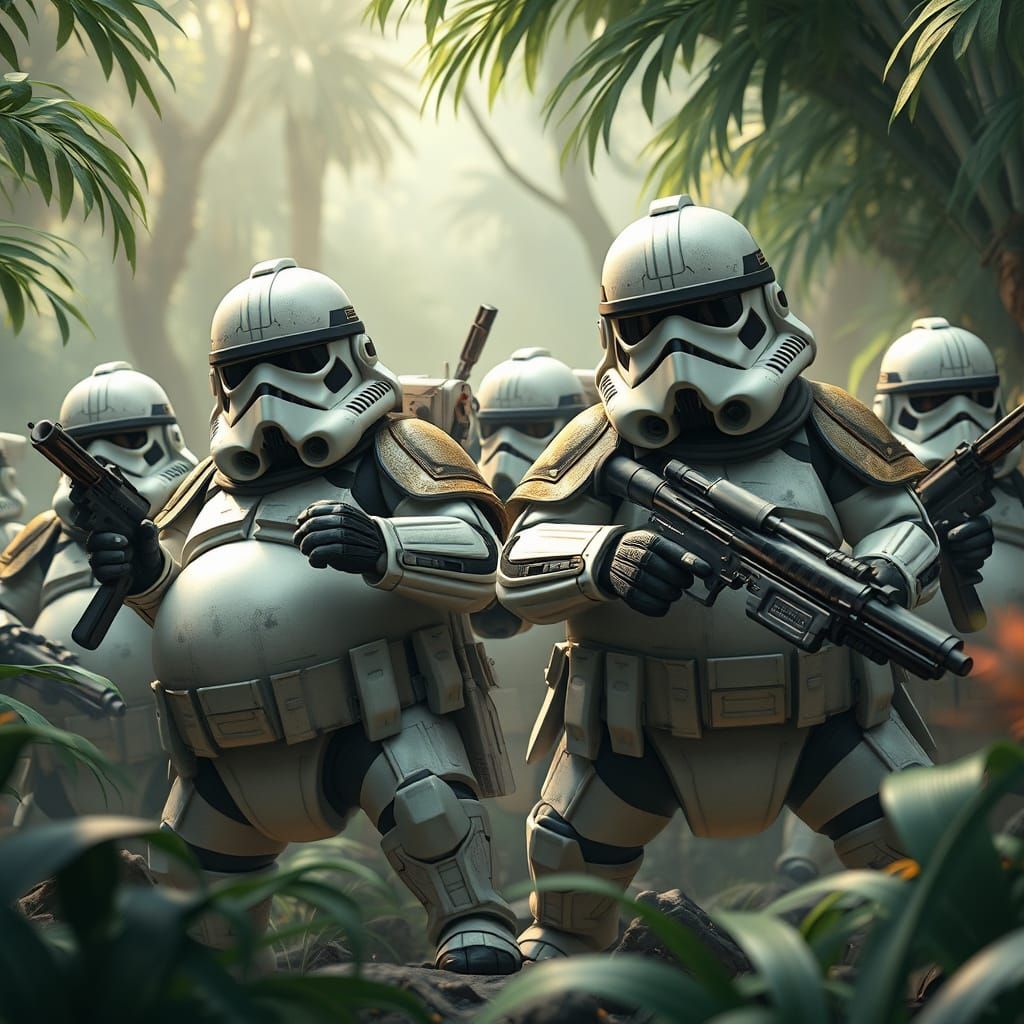 Obese Dwarf Stormtroopers Play in Jungle: 3D Anime Art
