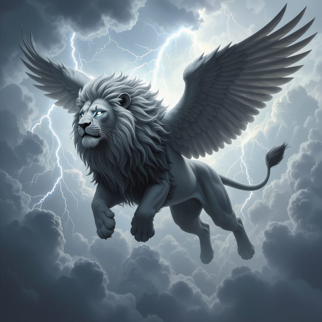 Winged Lion Soaring Through Stormy Skies