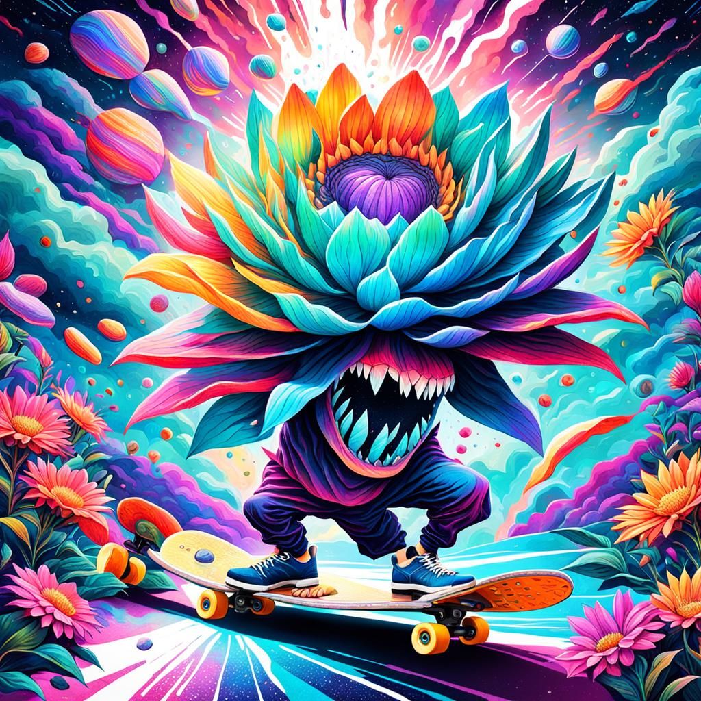 Gigantic Razor-Toothed Flowers Skateboarding: Cosmic Illustr...