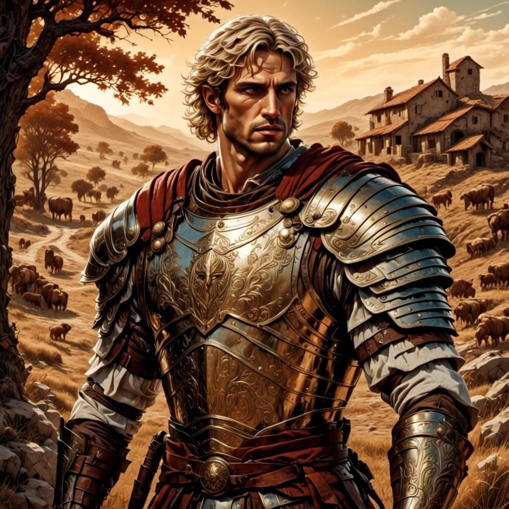 Roman Soldier in Farm Field, Digital Ink and Acrylic Art