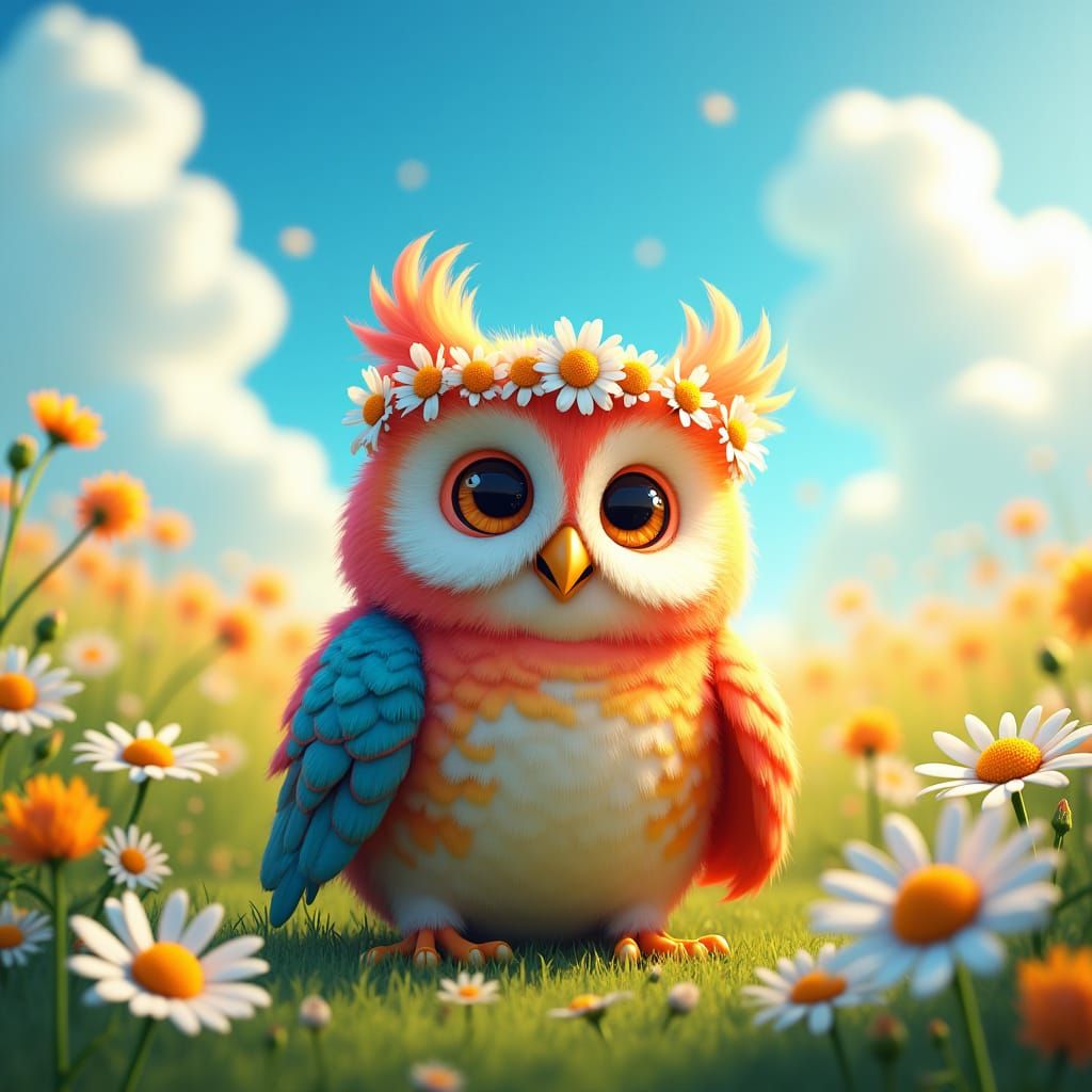 Harmonica Owl in Wildflower Field, Fantasy Art