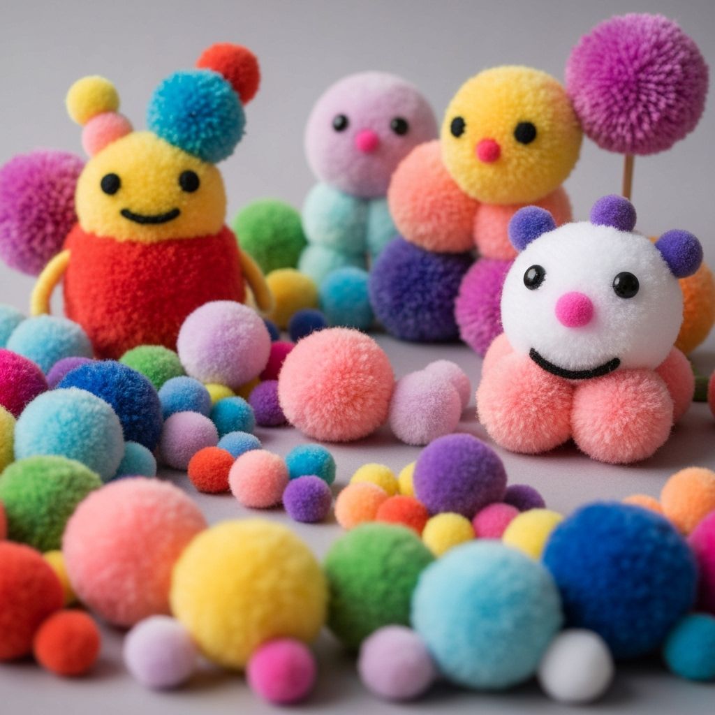 Vibrant Pom Pom Characters in Whimsical Style