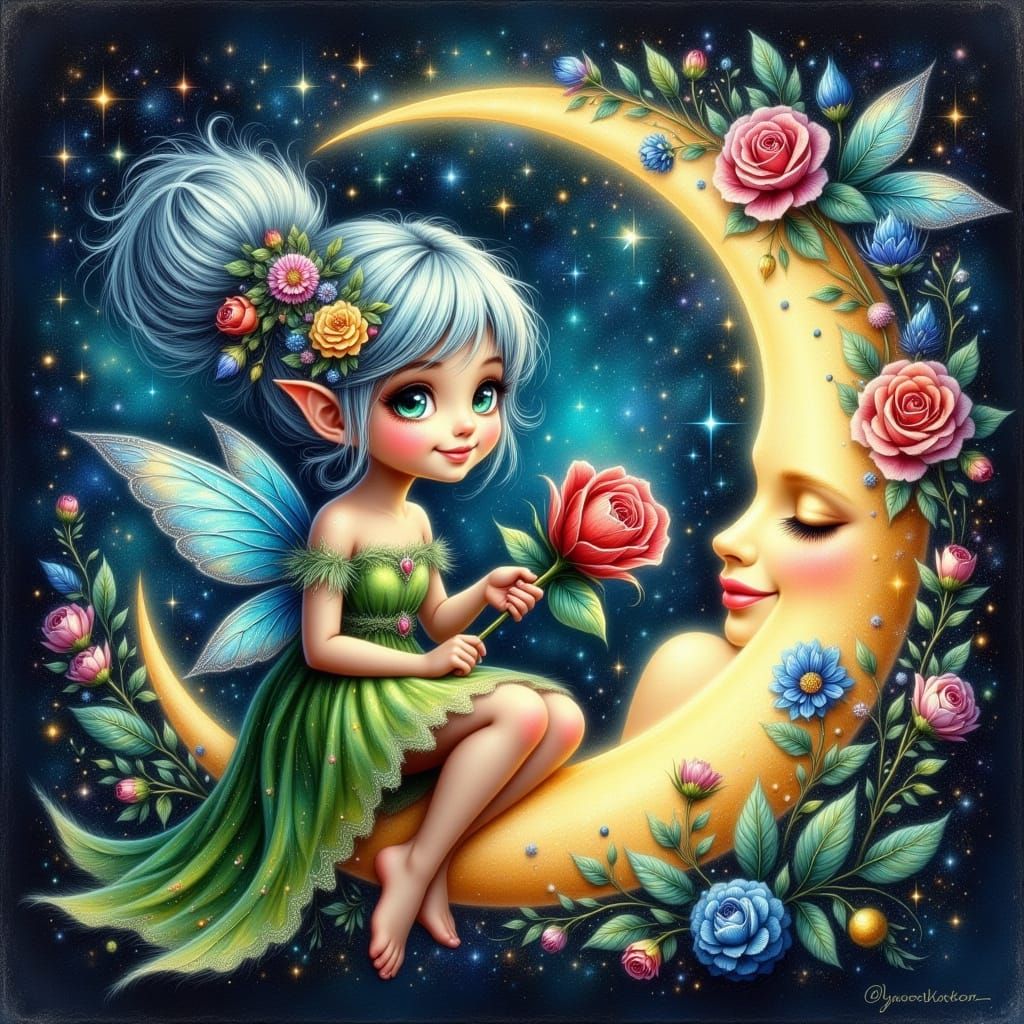Shimmering Crescent Moon with Happy Green Fairy