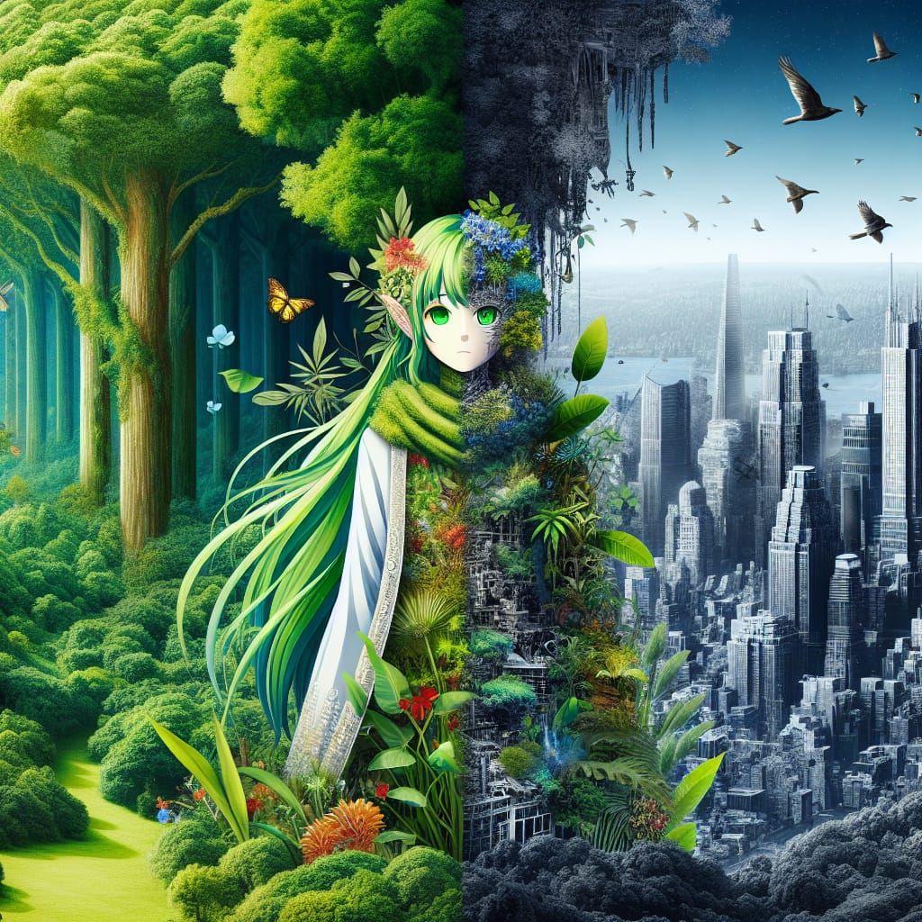 Dryad Between Forest and City, Fantasy Concept Art