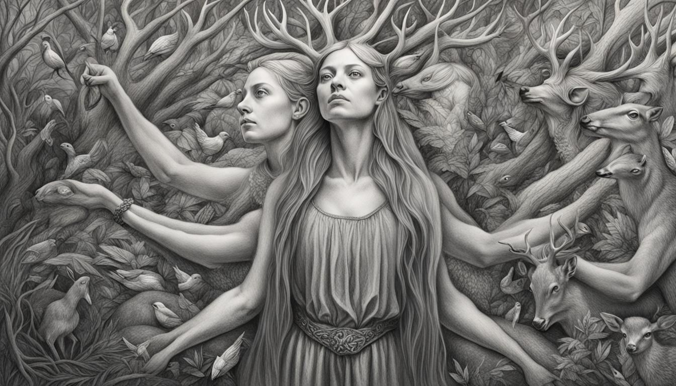 Mystical Woman in Forest: Charcoal Drawing