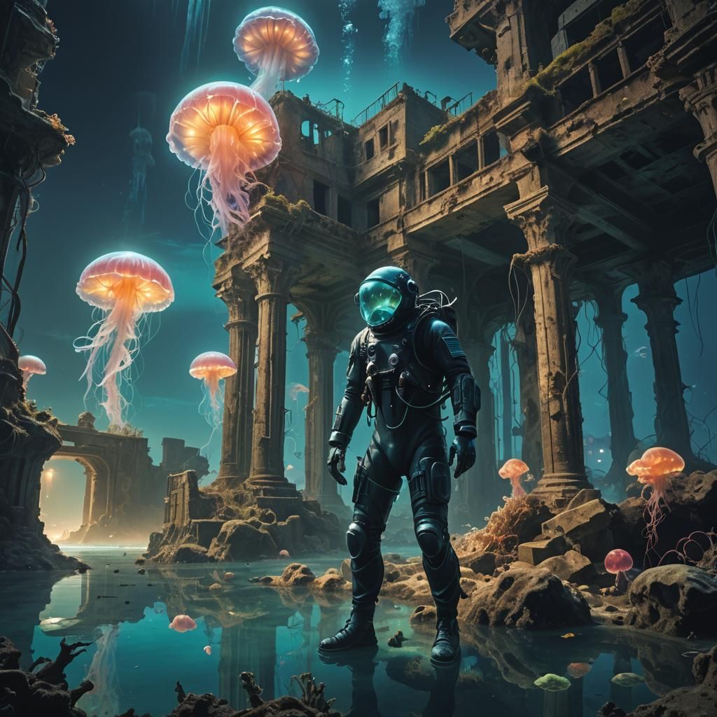 Bioluminescent Underwater City in Surreal Style
