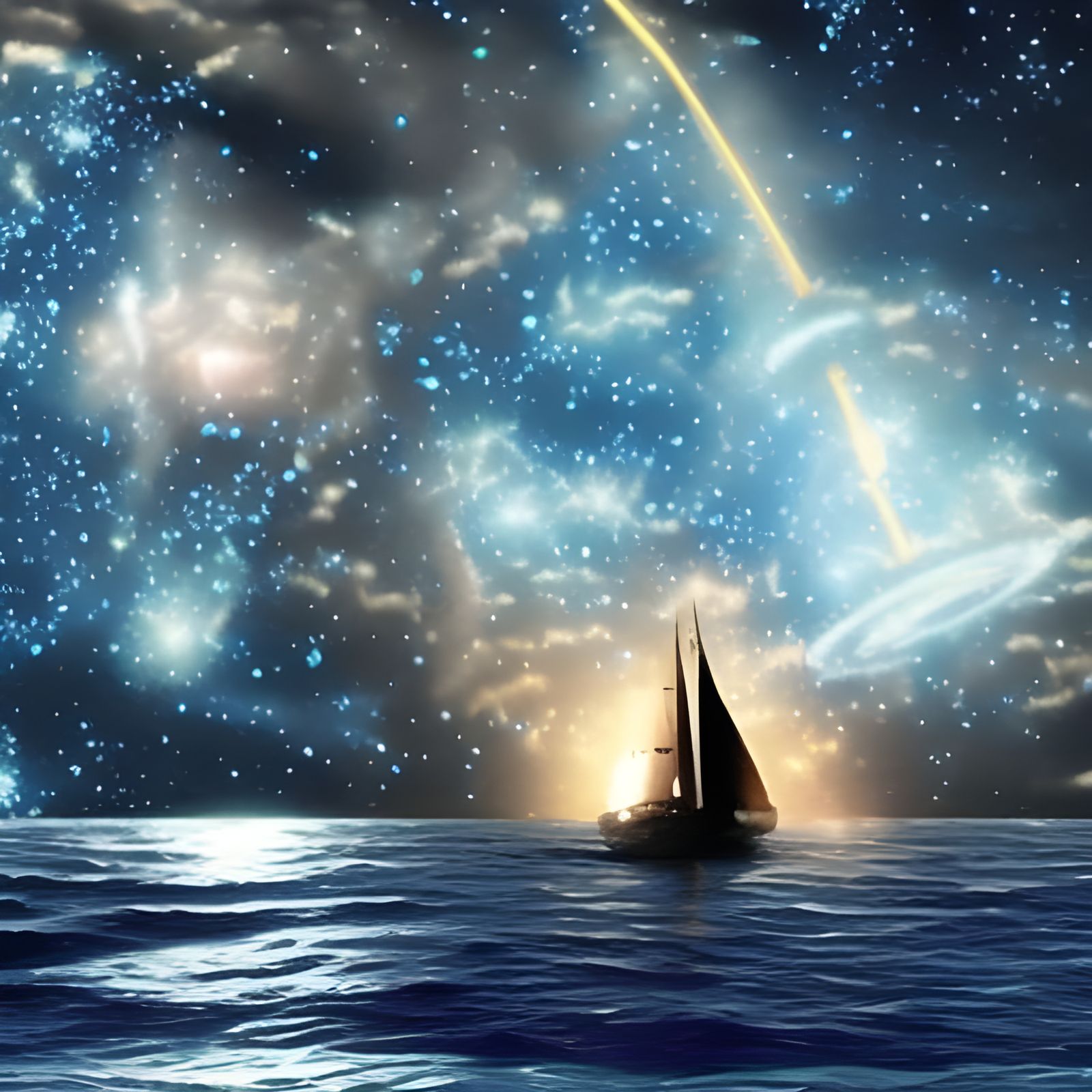 Glowing Starry Night Sky Over Moonlit Sea