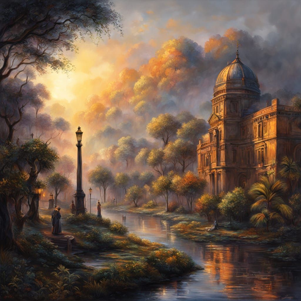 African Town Charcoal Drawing in Gouache Style