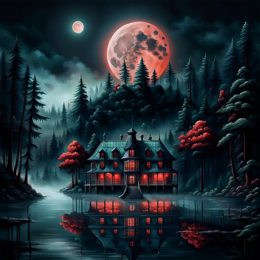 Surreal Hotel in Forest Lake with Red Moon