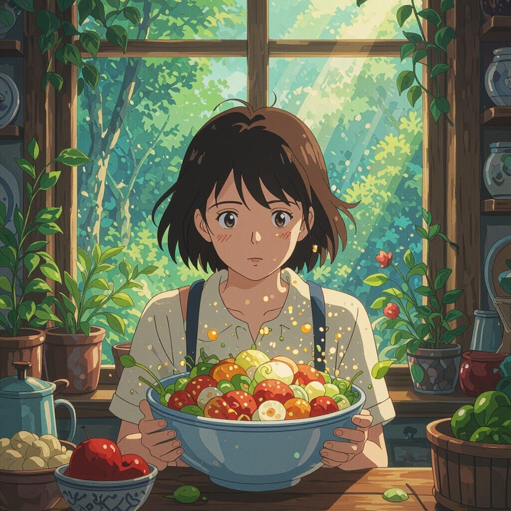 Living Food Engulfs Person in Anime Style