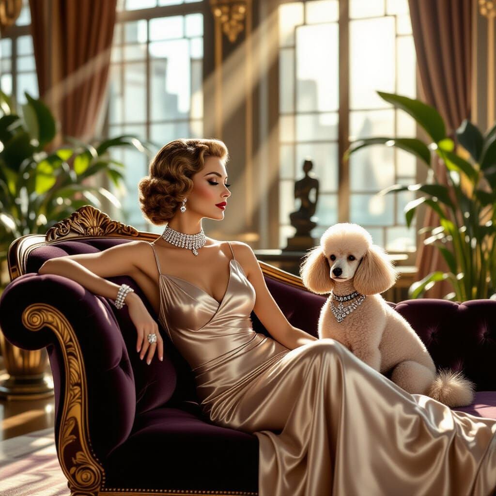 Elegant Woman and Poodle in Opulent Art Deco Apartment