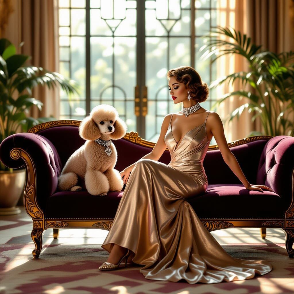 Glamorous Woman and Poodle in Opulent Art Deco Apartment