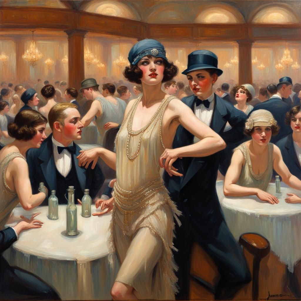 Flapper Girl Dancing in Ballroom, Oil Painting