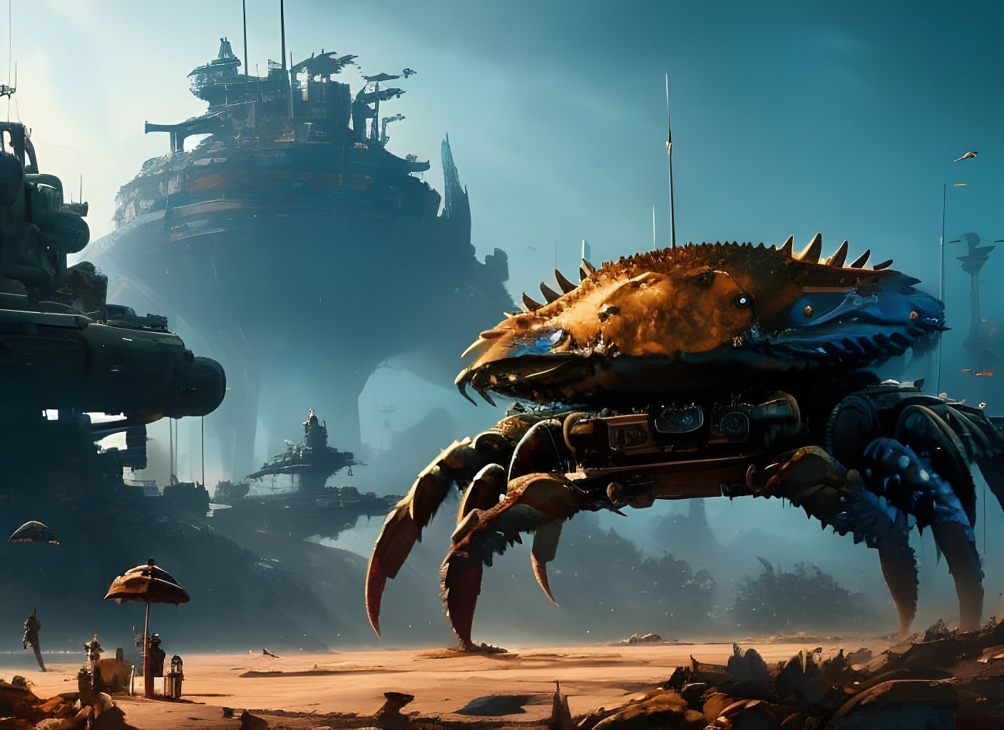 Mechanized Crab Attacks Harbor Town: Watercolor Splash Art