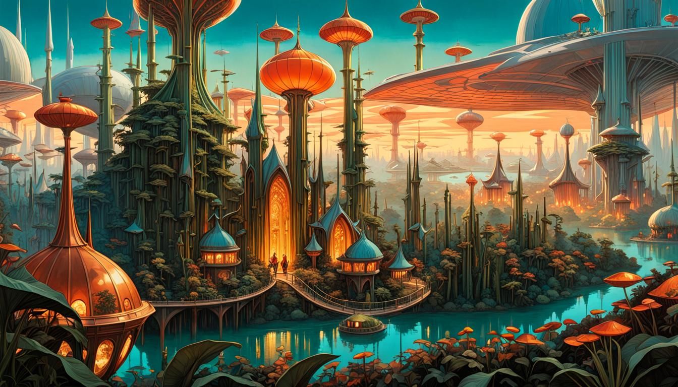 Utopian Goblin City with Airships in Art Nouveau Style